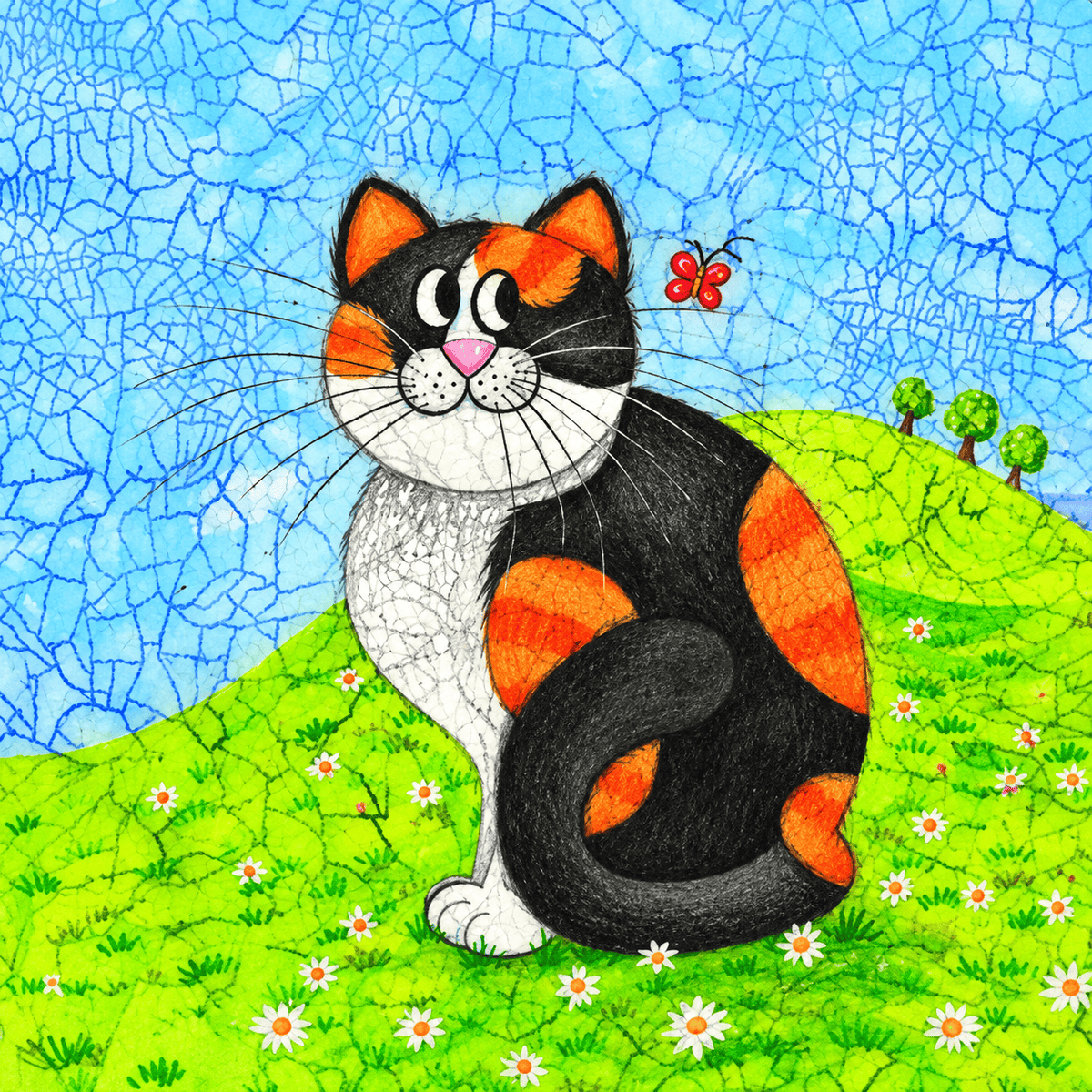 Jane Brookshaw Willow greeting card featuring a colourful calico cat sitting amongst daisies with a butterfly in a bright countryside scene