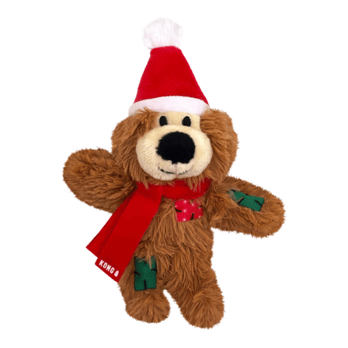 KONG Softies Winter Bear Christmas catnip cat toy in brown plush with red Santa hat, festive scarf and embroidered details.