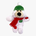 White plush KONG Softies Winter Bear Christmas catnip toy wearing a green winter hat with white pompom and bright red scarf.