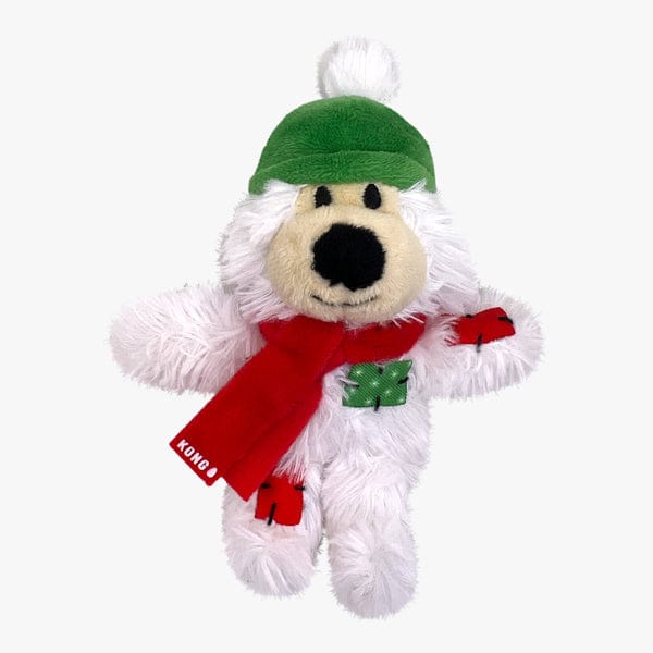 White plush KONG Softies Winter Bear Christmas catnip toy wearing a green winter hat with white pompom and bright red scarf.