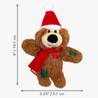  Brown KONG Softies Winter Bear catnip toy with red Santa hat and scarf, measuring approximately 10.1 cm tall and 5.7 cm wide.
