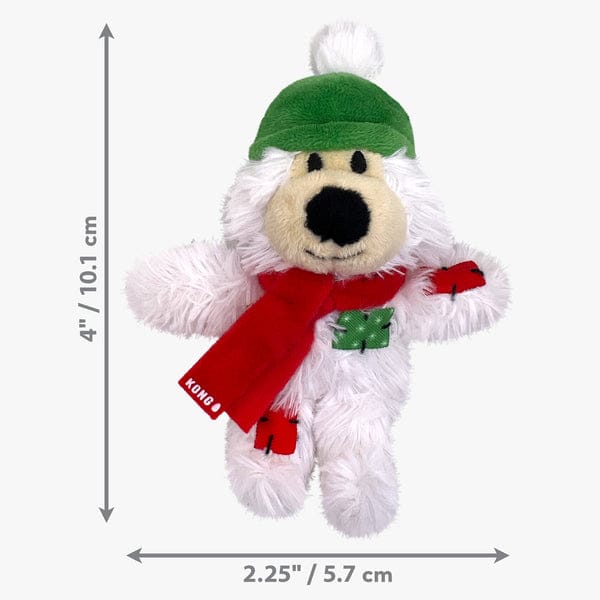 White KONG Softies Winter Bear Christmas cat toy with green winter hat and red scarf, showing dimensions of 10.1 cm by 5.7 cm.