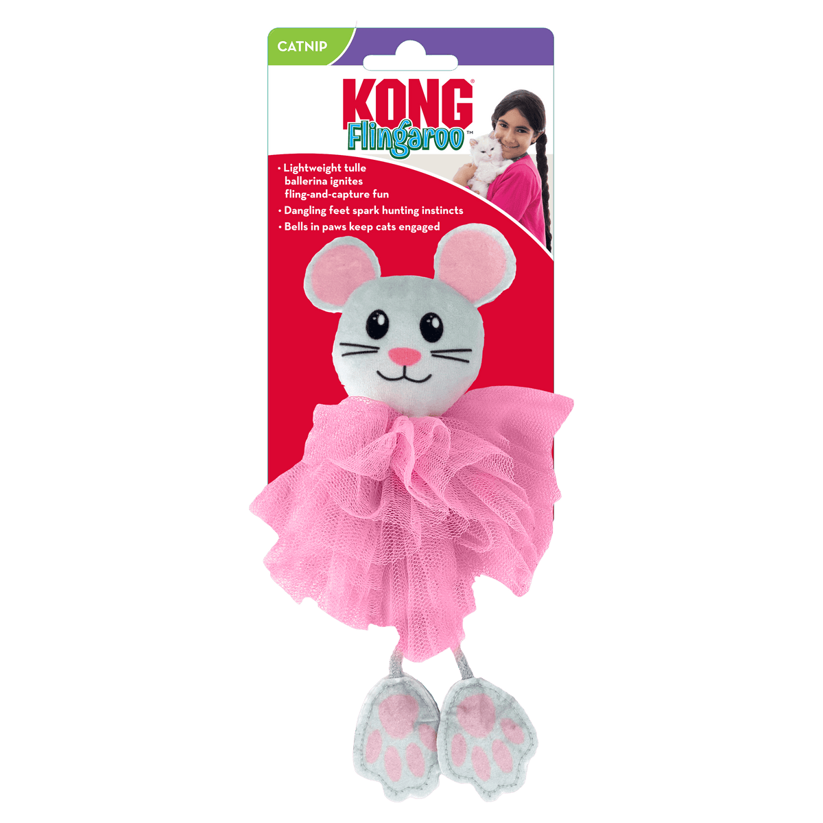 KONG Flingaroo Tutu Cute pink ballerina mouse cat toy in retail packaging