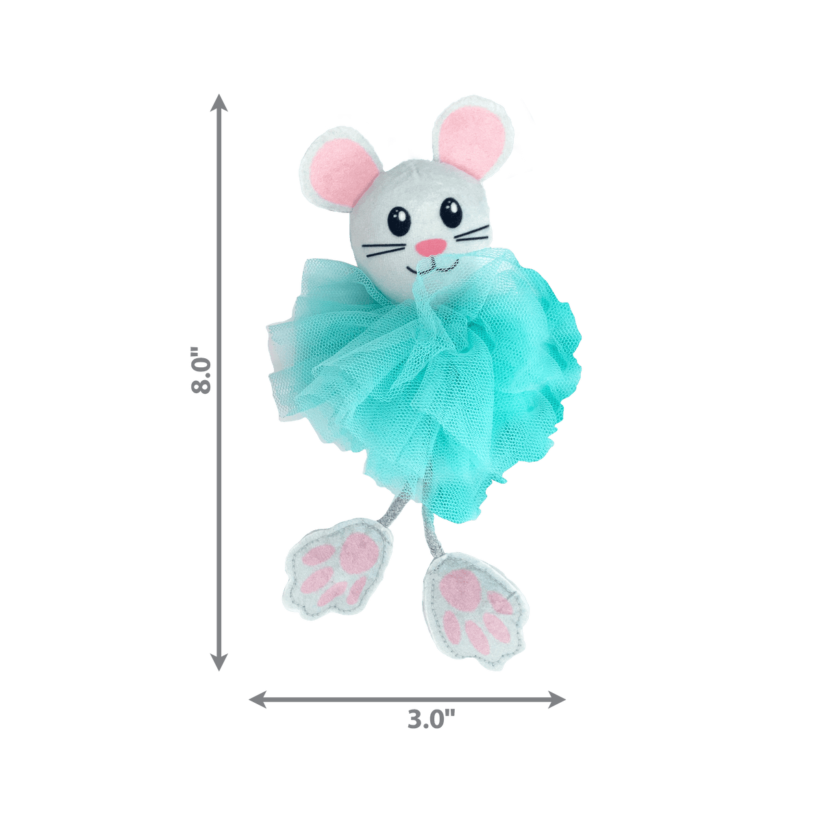 KONG Flingaroo ballerina mouse cat toy with turquoise tulle tutu, pink ears and dangling feet