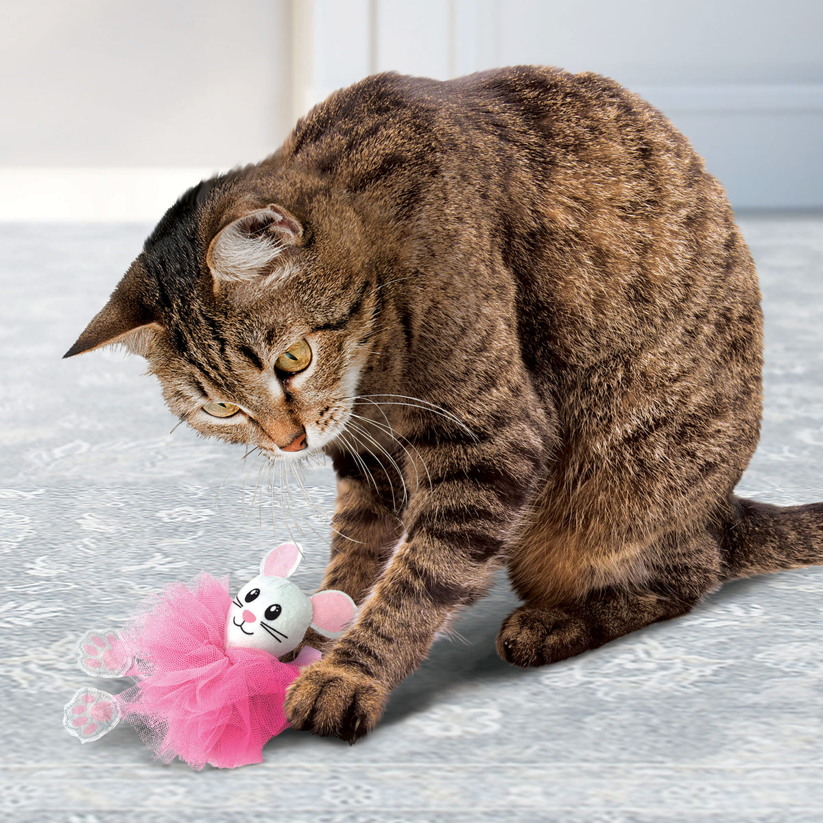 Tabby cat playing with pink KONG Flingaroo Tutu Cute ballerina mouse catnip toy