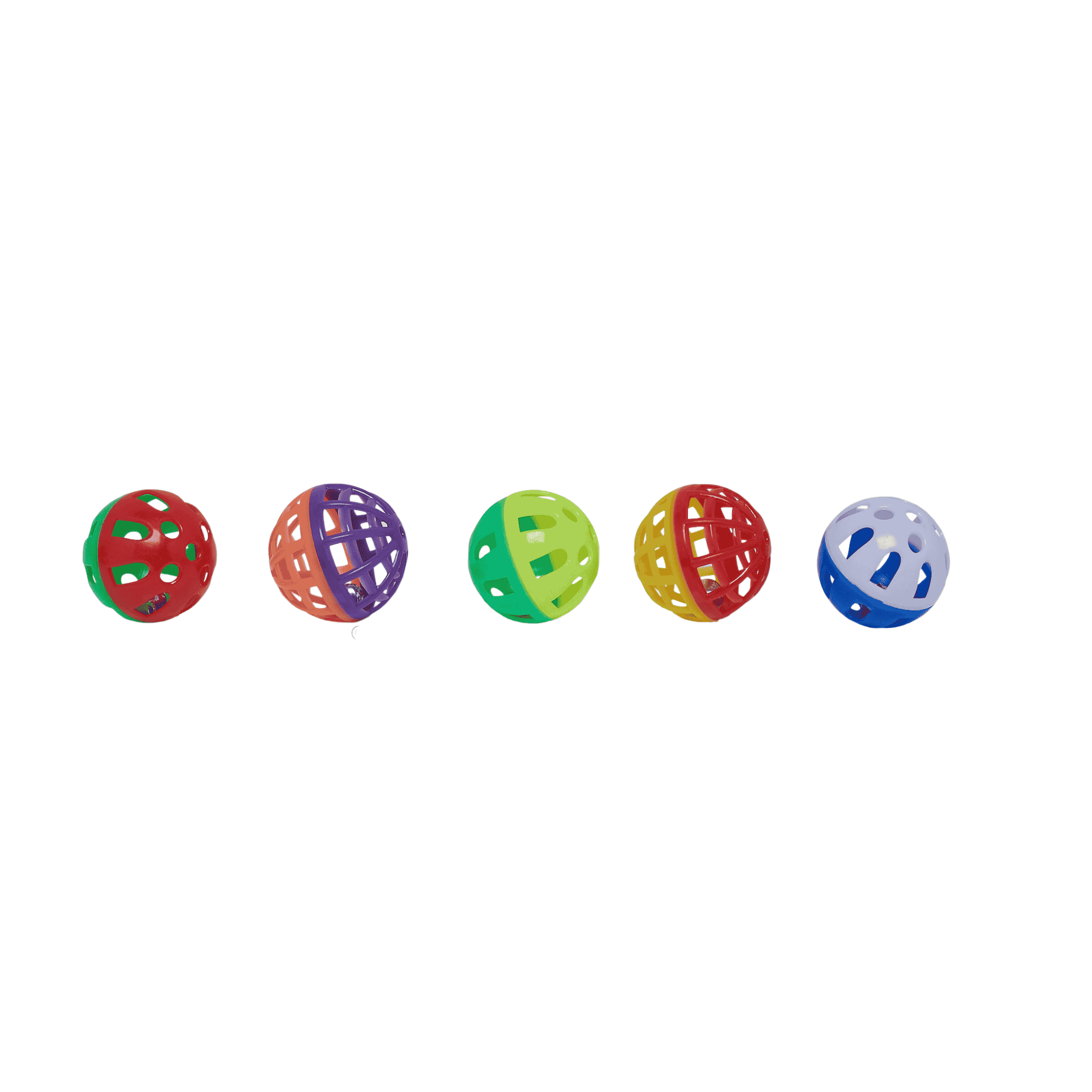 Assorted plastic kitty play balls with bells in a variety of bright colours