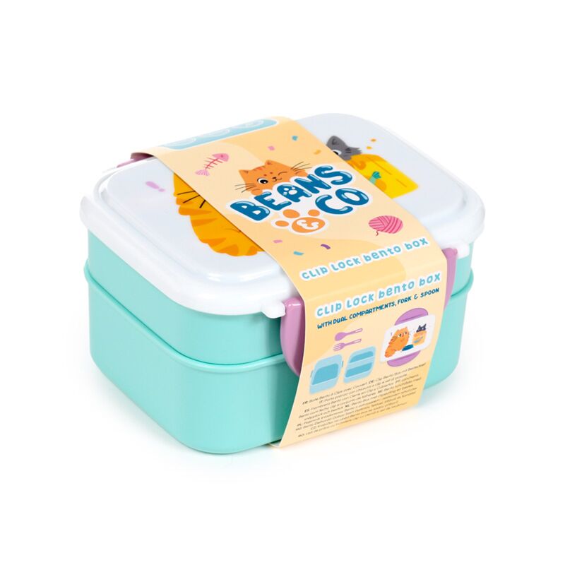 Beans & Co Cats Clip Lock Stacked Bento Lunch Box with Cutlery