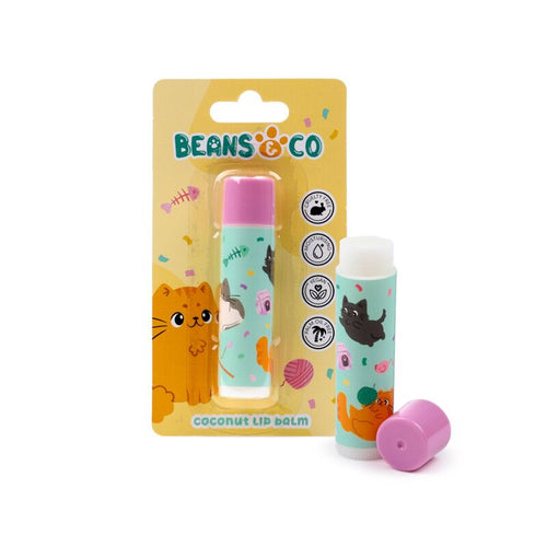 Coconut lip balm with packaging featuring cartoon animals on a white background