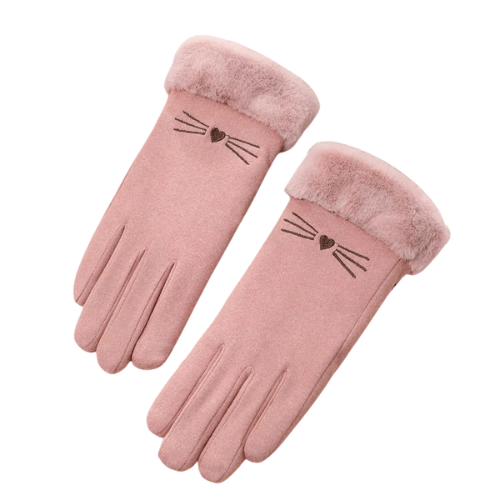 Ladies dusky pink faux suede cat gloves with embroidered whiskers, heart-shaped nose, soft faux fur cuffs and touchscreen compatible fingers