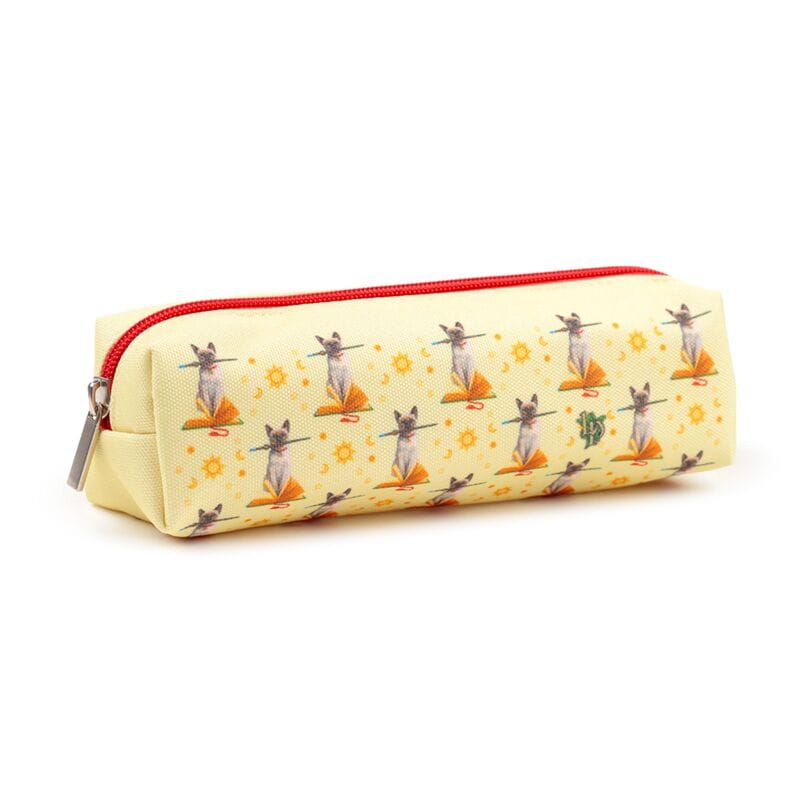 Lisa Parker Hocus Pocus cat canvas pencil case featuring magical broomstick-riding cats on pale yellow fabric with bright red zip fastening