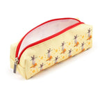 Open Lisa Parker Hocus Pocus pencil case showing the light-coloured interior, red zip and cheerful yellow canvas with magical cat illustrations