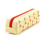 Lisa Parker Hocus Pocus cat pencil case viewed from the side, showing its rectangular canvas shape, pale yellow fabric and contrasting red zip