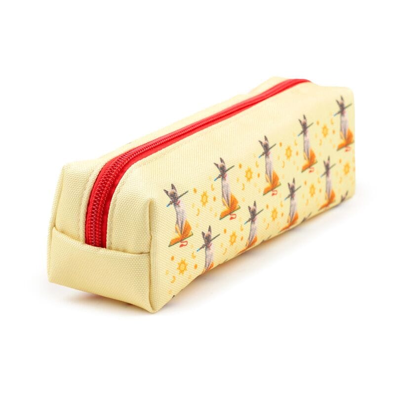 Lisa Parker Hocus Pocus cat pencil case viewed from the side, showing its rectangular canvas shape, pale yellow fabric and contrasting red zip