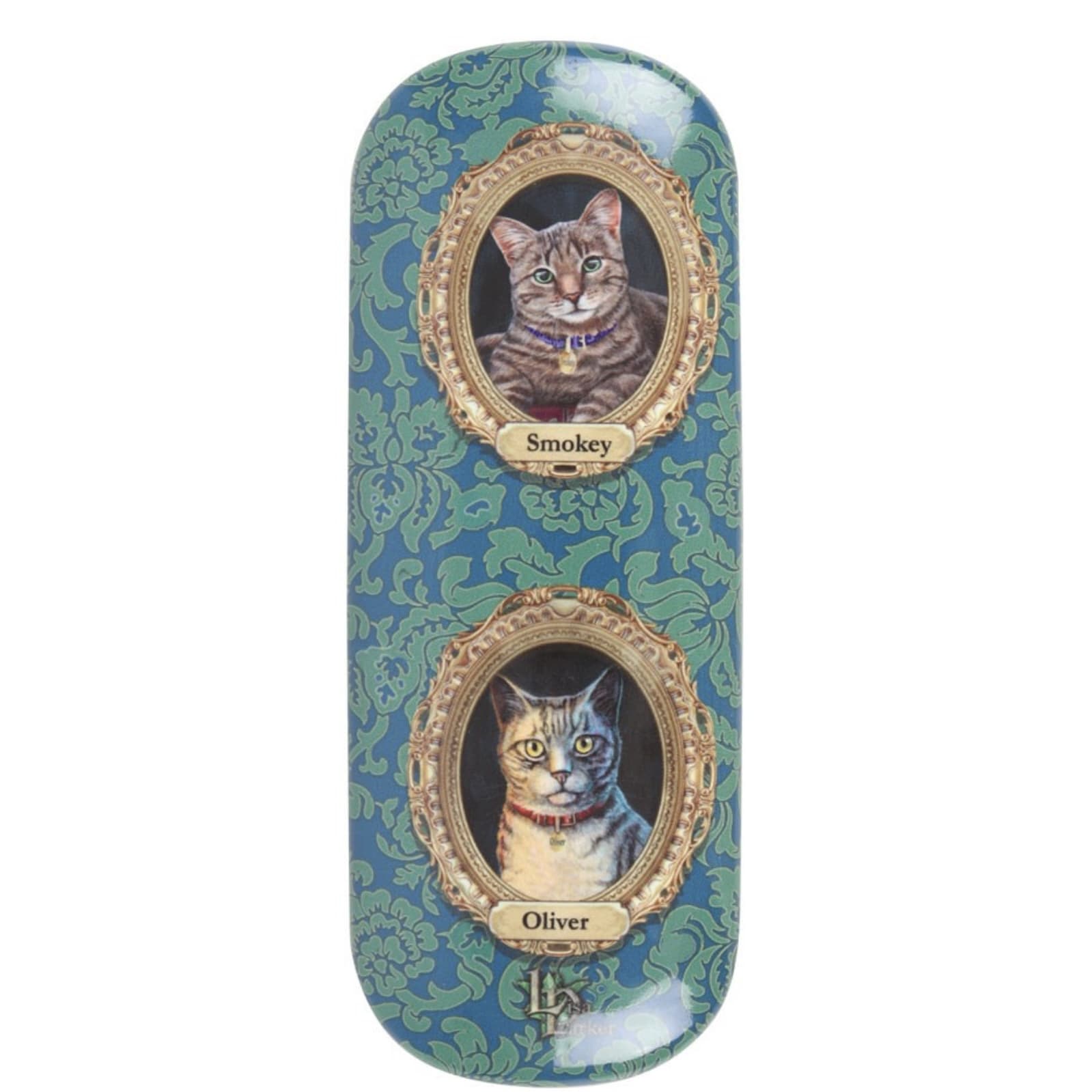 Rear of Lisa Parker Mad About Cats glasses case featuring framed cat portraits of Smokey and Oliver.