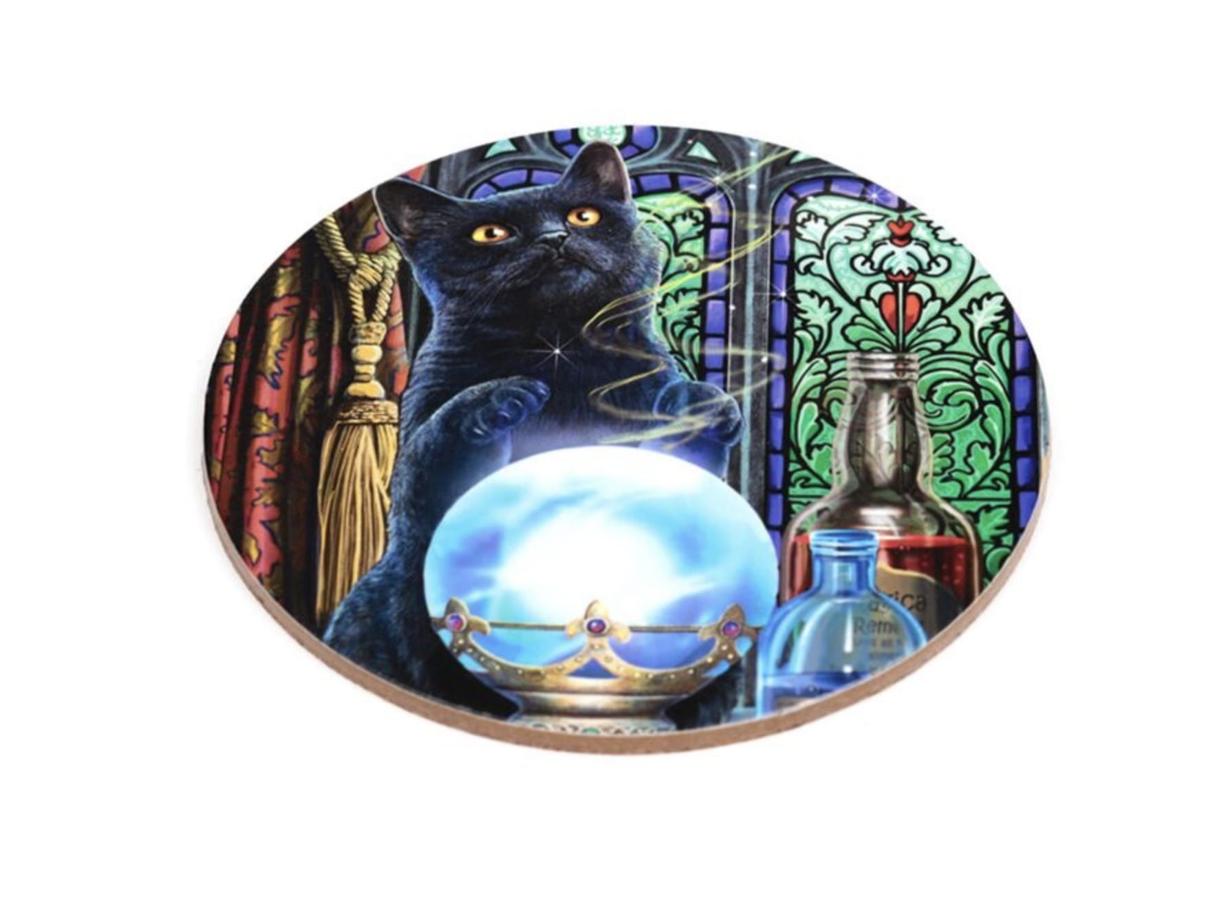 Magic Cats coaster featuring a black cat gazing into a glowing crystal ball