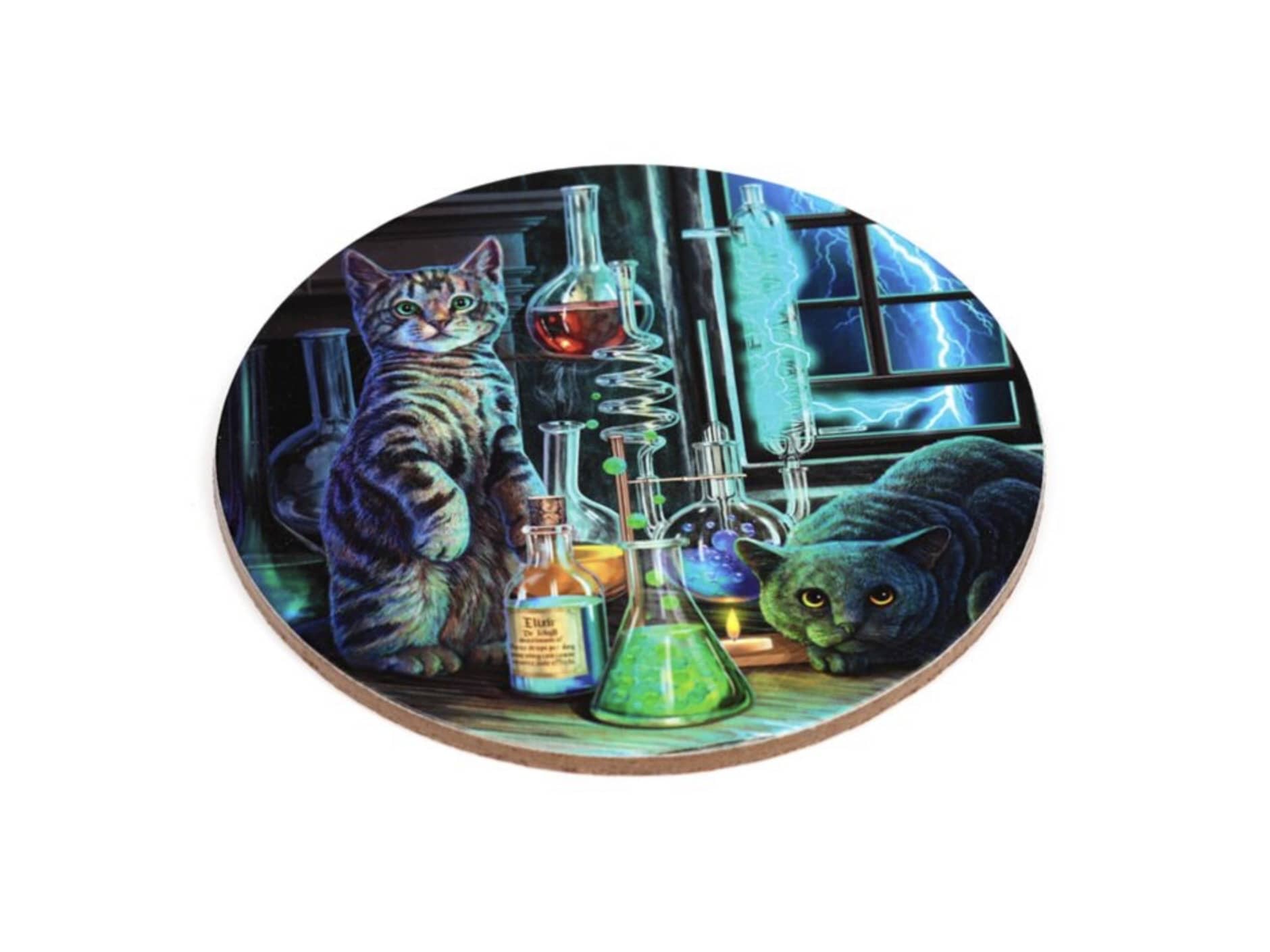 Magic Cats coaster showing cats surrounded by bubbling potions and magical laboratory equipment