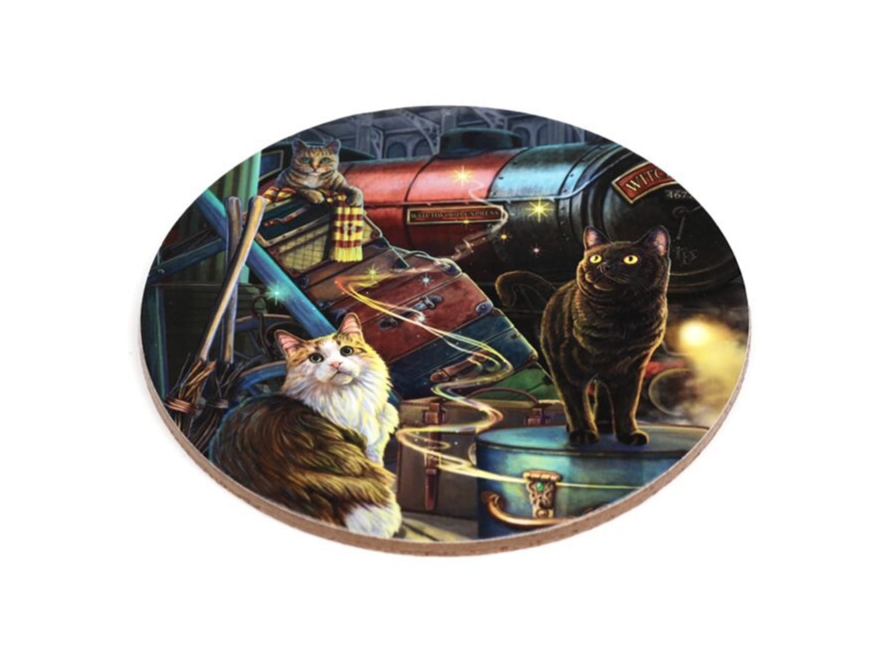 Magic Cats coaster featuring magical cats beside a mystical steam train Witchwood Express
