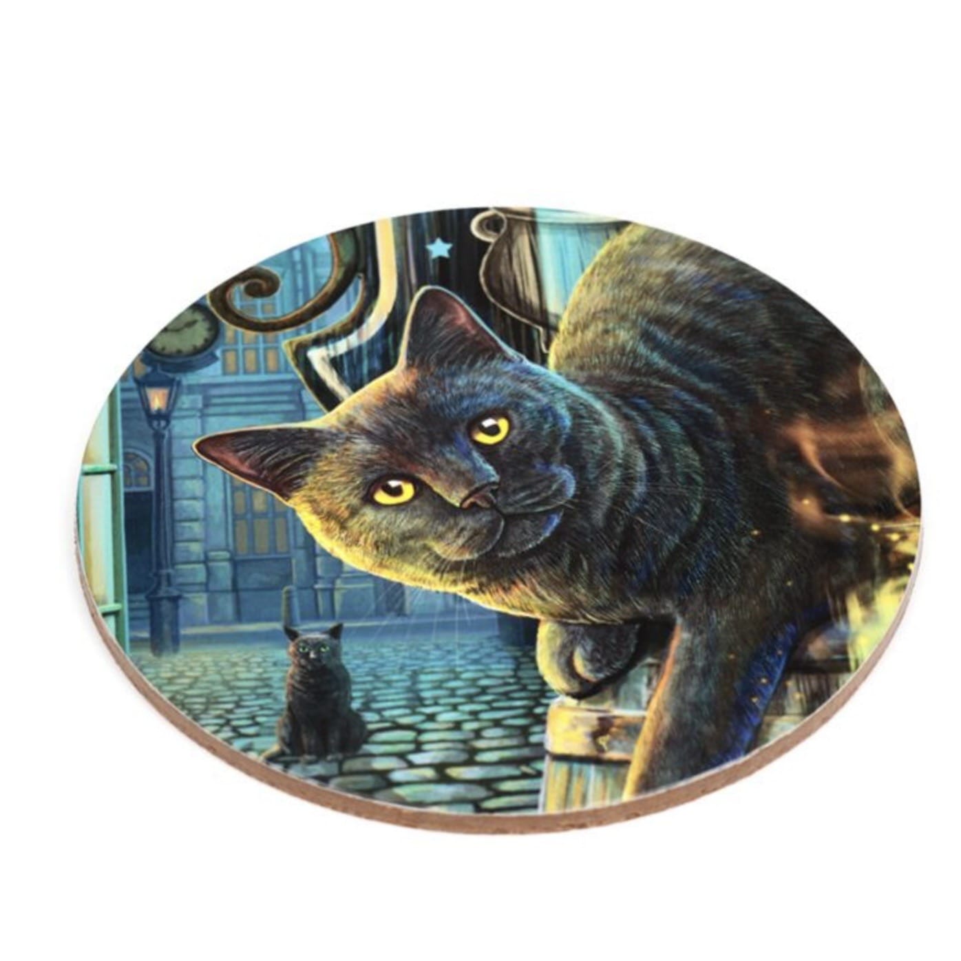 Magic Cats coaster featuring a curious black cat peering from an enchanted all