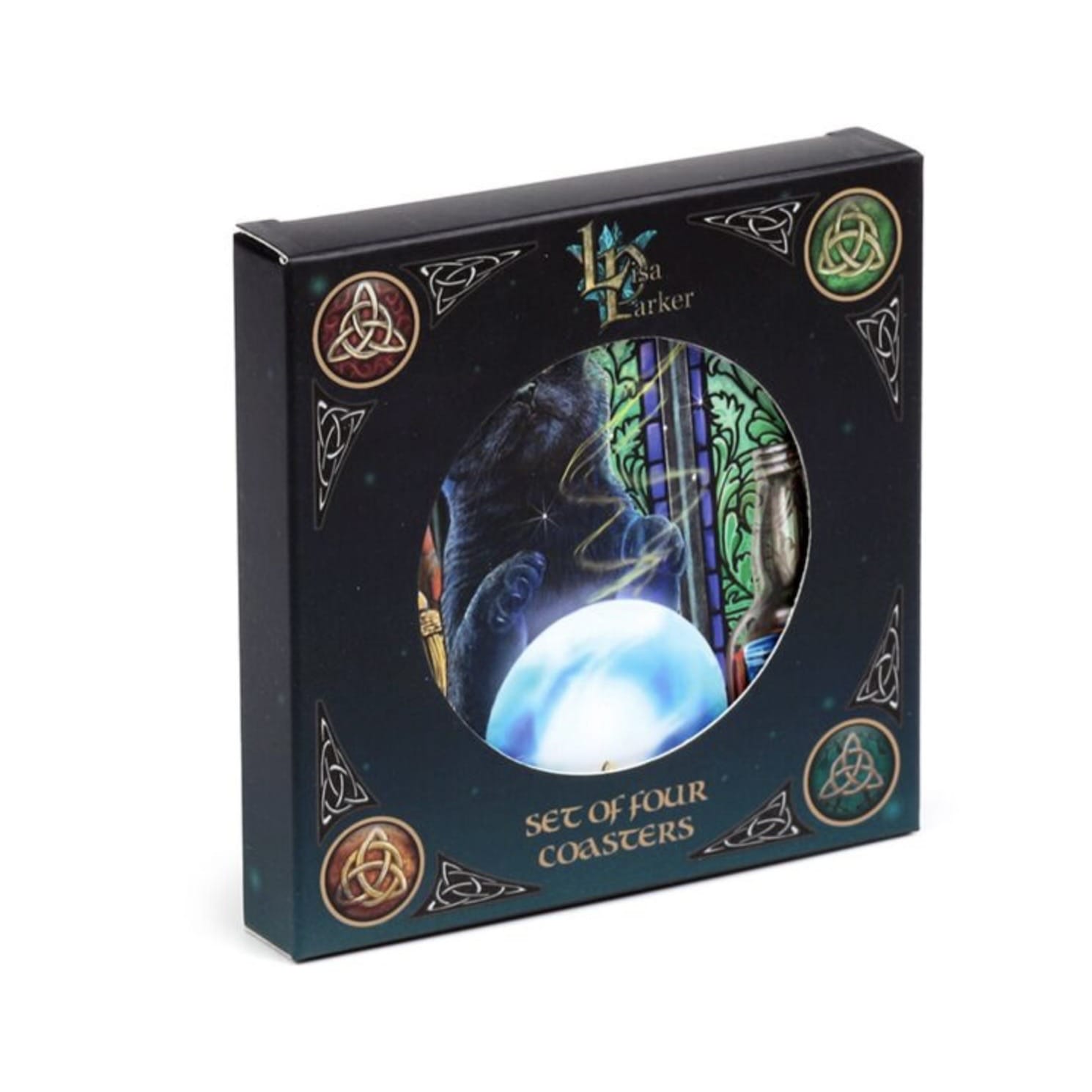 Boxed Lisa Parker Magic Cats coaster gift set with mystical black cat artwork