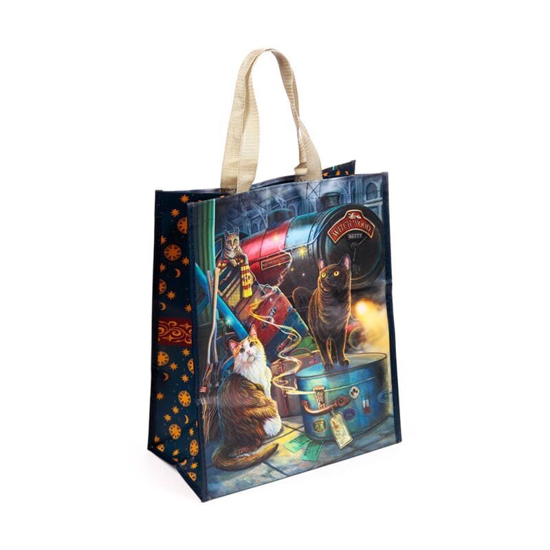 Front view of Lisa Parker Witchwood Express reusable shopping bag featuring mystical cats and steam train