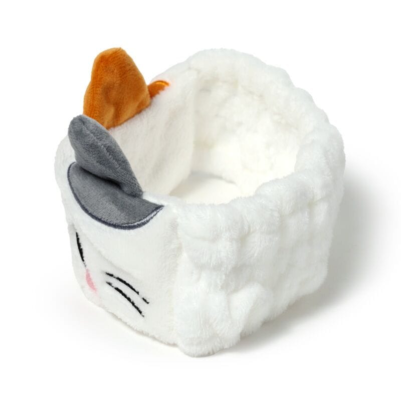 Soft plush cat beauty headband with stretchy fit, embroidered whiskers and grey and ginger ears for skincare and makeup