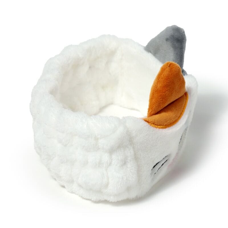 Lola soft plush cat skincare and makeup headband laid flat showing embroidered cat face and colourful ears