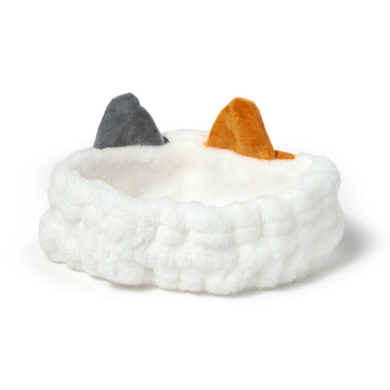 Back view of soft white plush Lola cat beauty headband showing stretchy gathered fabric and two colourful cat ears