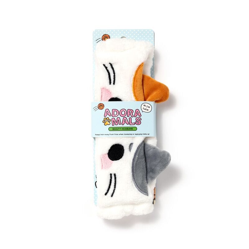 Lola cat plush beauty headband in Adoramals packaging with soft white fabric and cute ginger and grey cat ears