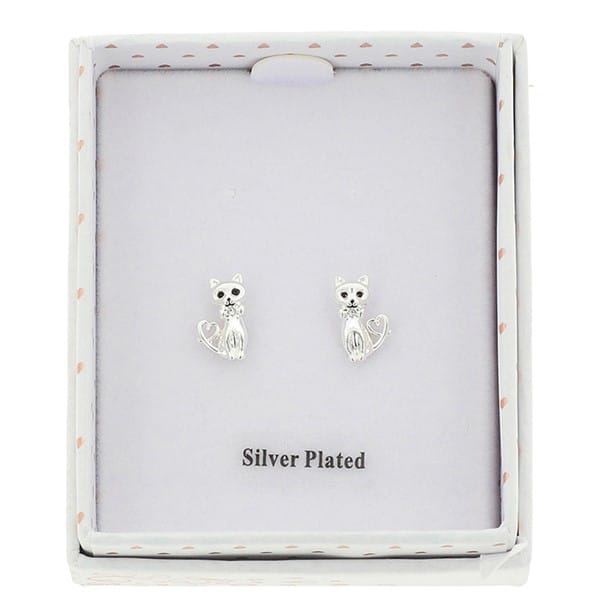 Equilibrium Loving Cat silver plated earrings presented in Equilibrium gift box