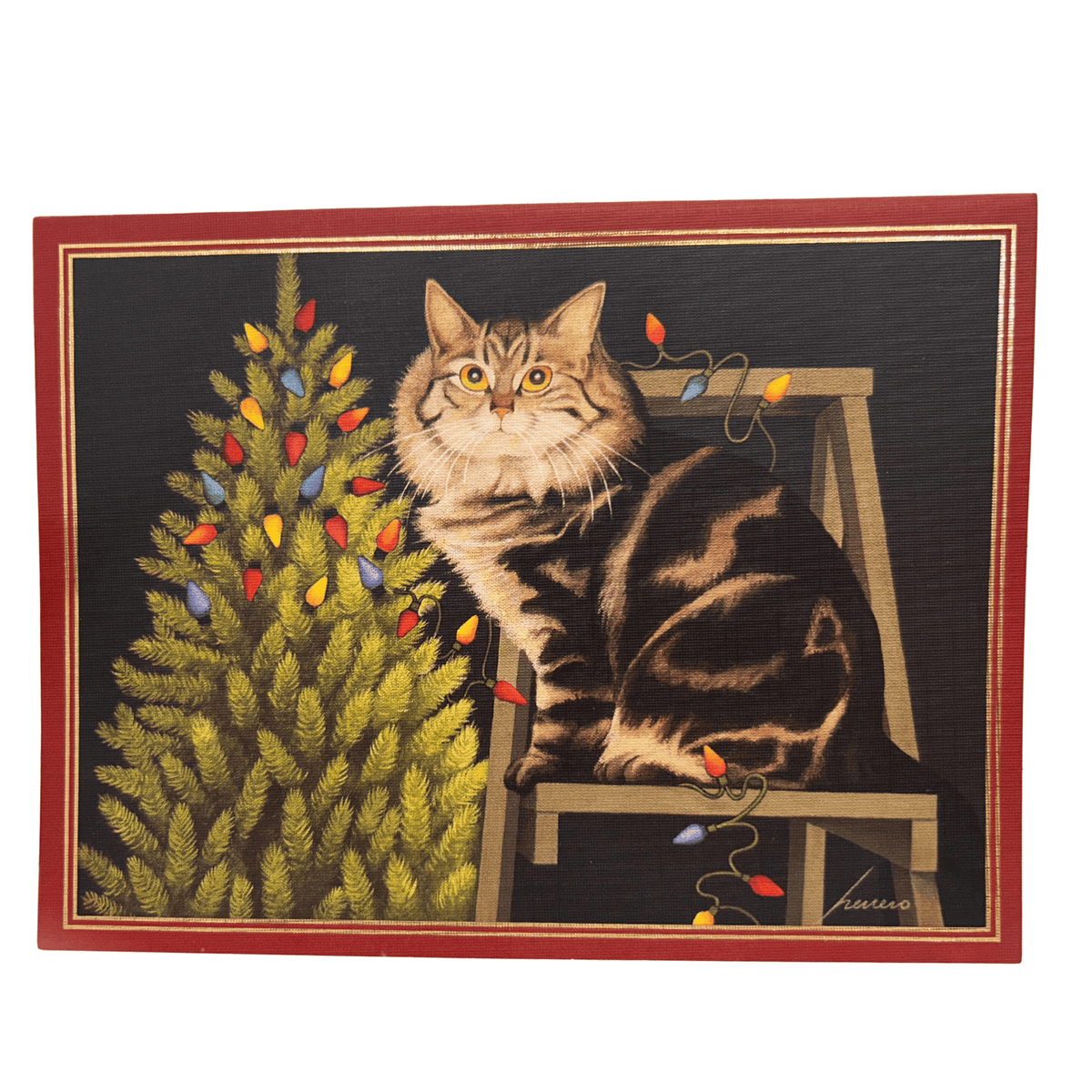 Lowell Herrero Buddy Mayote luxury cat Christmas card with tabby cat and Christmas tree