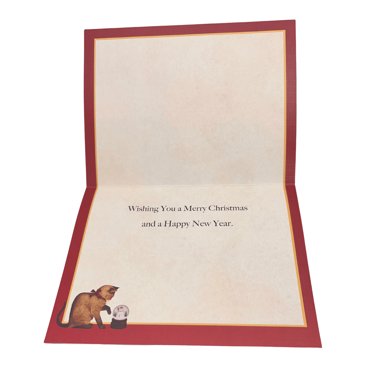 Inside Lowell Herrero Buddy Mayote Christmas card with red and gold border, festive cat illustration and printed greeting