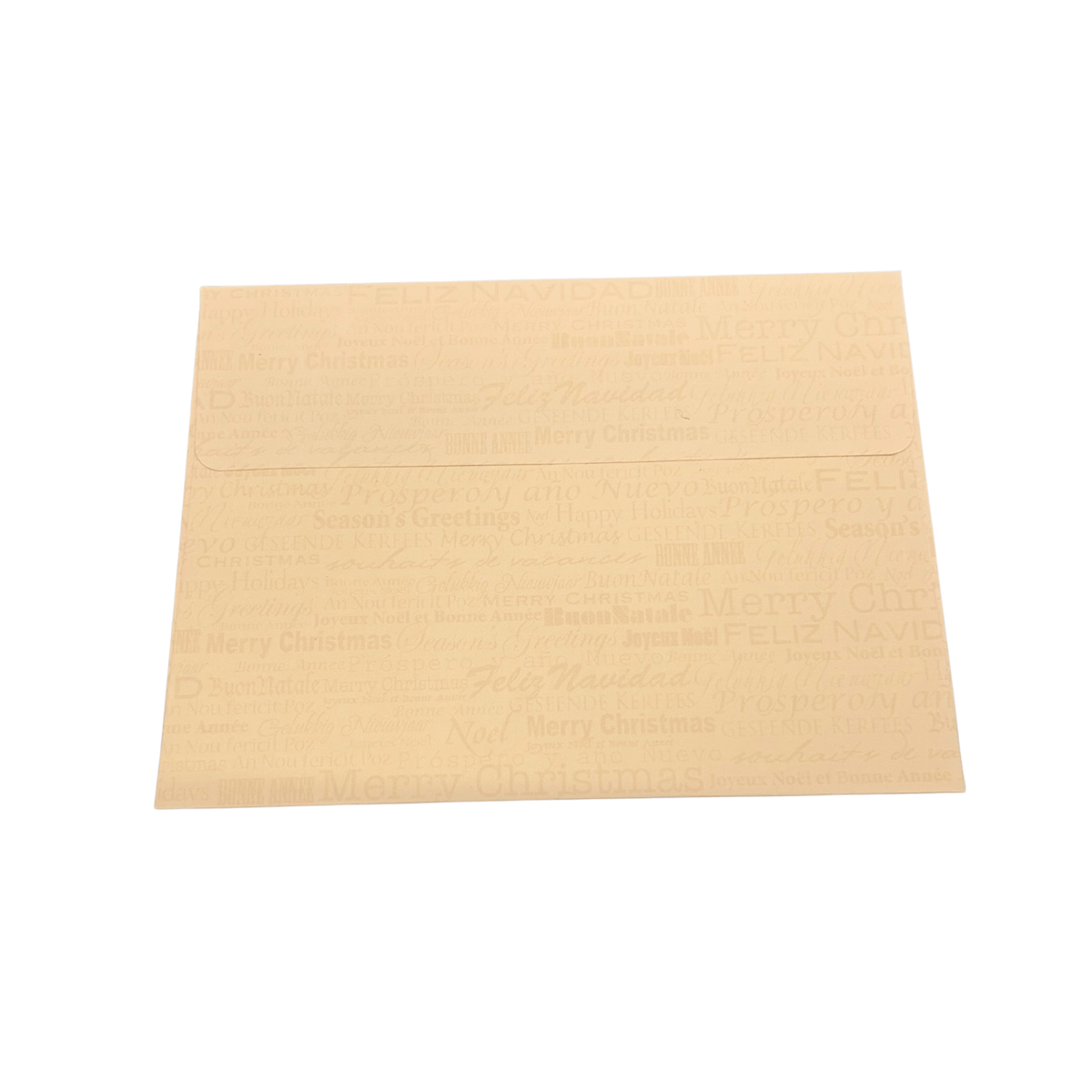 Back of cream Buddy Mayote Christmas card envelope with Christmas greetings in various languages