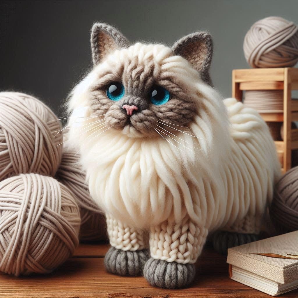 Luxury blue-eyed Ragdoll cat greeting card featuring a fluffy Ragdoll wearing a cosy cream knitted jumper surrounded by soft balls of yarn.