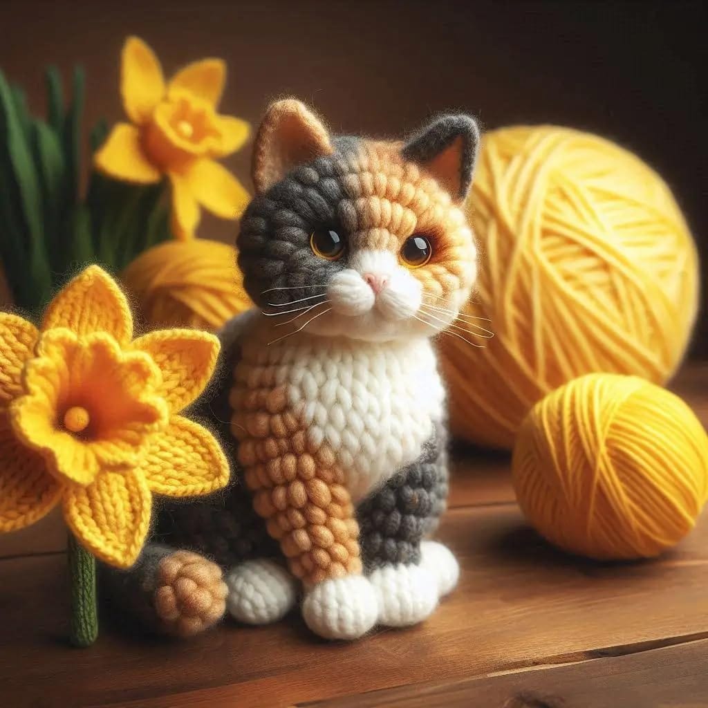 Luxury Calico Cat Greeting Card with Spring Daffodils