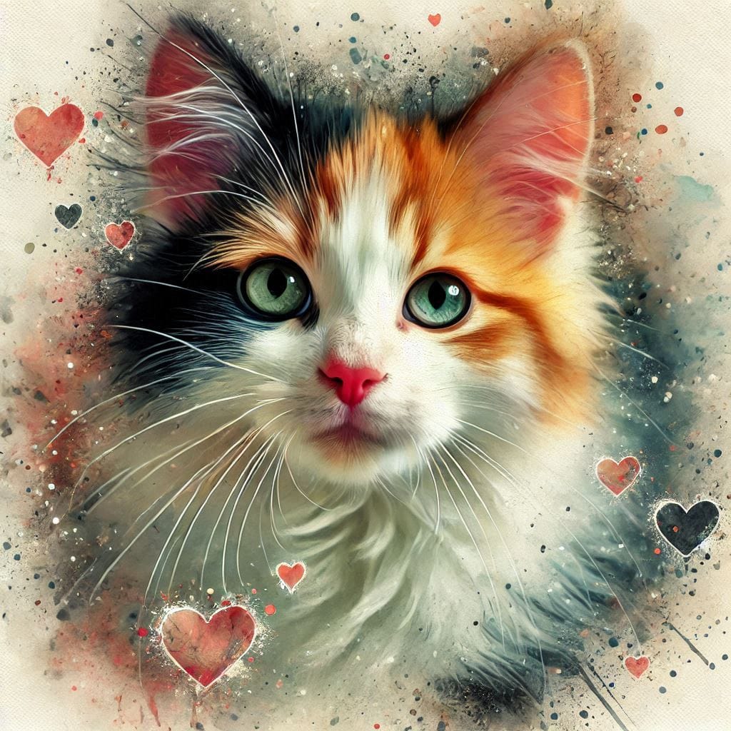 Luxury calico cat watercolour greeting card featuring a close-up portrait of a fluffy calico cat with striking green eyes, artistic paint splashes and delicate heart details, printed on premium 300gsm cardstock with a coordinating cream envelope.