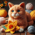 Luxury ginger cat greeting card featuring a knitted-style ginger cat with striking blue eyes, surrounded by spring daffodils and colourful balls of yarn.