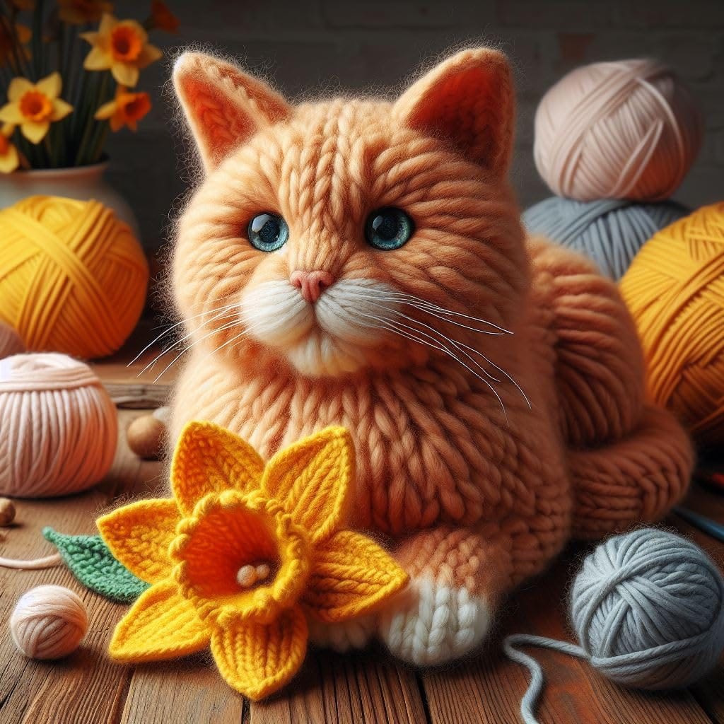 Luxury ginger cat greeting card featuring a knitted-style ginger cat with striking blue eyes, surrounded by spring daffodils and colourful balls of yarn.