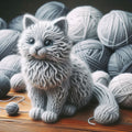Luxury grey wool-effect cat greeting card featuring an adorable grey kitten with realistic knitted-style fur, surrounded by balls of yarn, printed on premium 300gsm cardstock with a coordinating cream envelope.