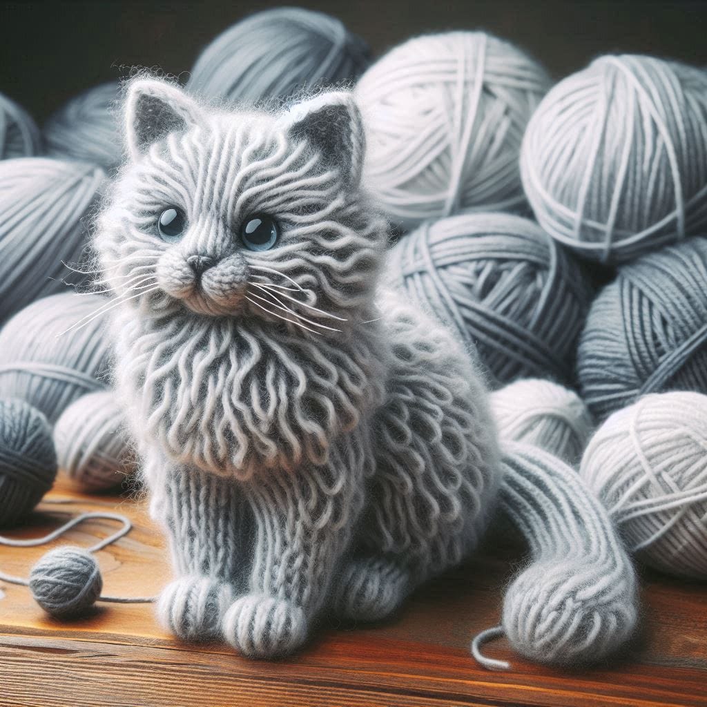 Luxury grey wool-effect cat greeting card featuring an adorable grey kitten with realistic knitted-style fur, surrounded by balls of yarn, printed on premium 300gsm cardstock with a coordinating cream envelope.