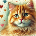 Luxury Soft Ginger Cat Watercolour Greeting Card featuring a close-up portrait of a fluffy ginger cat with expressive eyes, artistic paint splashes and delicate heart details, printed on premium 300gsm cardstock with a coordinating cream envelope.
