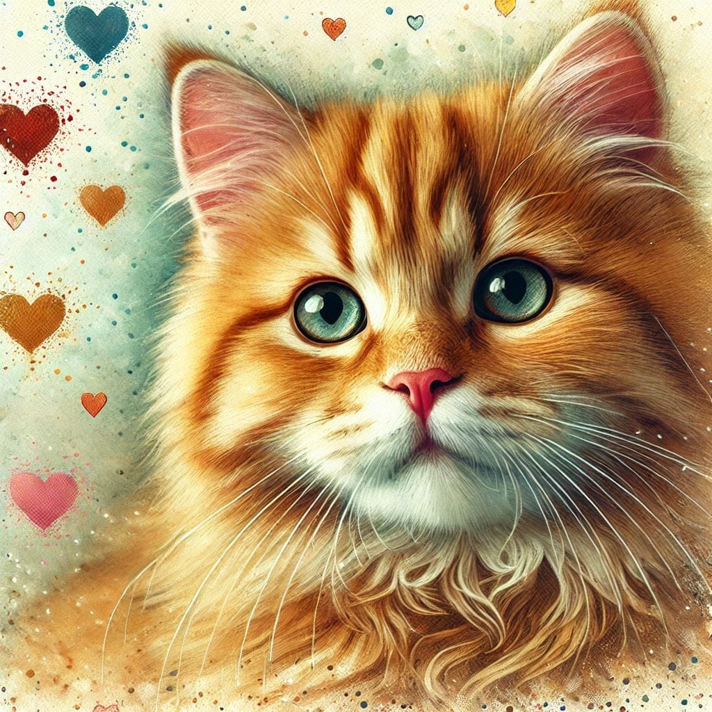 Luxury Soft Ginger Cat Watercolour Greeting Card featuring a close-up portrait of a fluffy ginger cat with expressive eyes, artistic paint splashes and delicate heart details, printed on premium 300gsm cardstock with a coordinating cream envelope.
