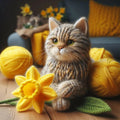 Luxury tabby cat greeting card featuring a knitted-style tabby cat surrounded by bright yellow spring daffodils and golden balls of yarn.