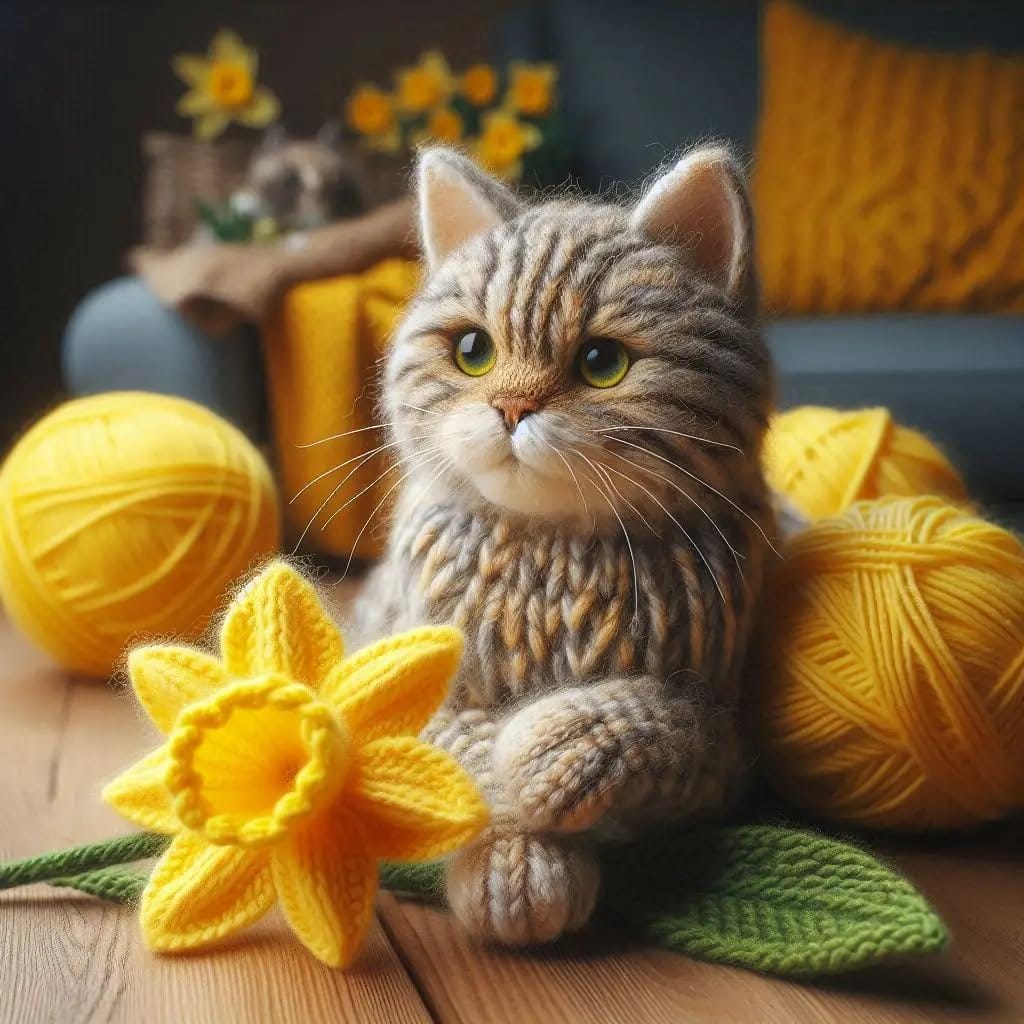 Luxury tabby cat greeting card featuring a knitted-style tabby cat surrounded by bright yellow spring daffodils and golden balls of yarn.