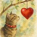 Luxury tabby cat watercolour greeting card featuring a tabby cat wearing a heart-patterned collar gazing at a red heart hanging from a tree branch, printed on premium 300gsm cardstock with a coordinating cream envelope.