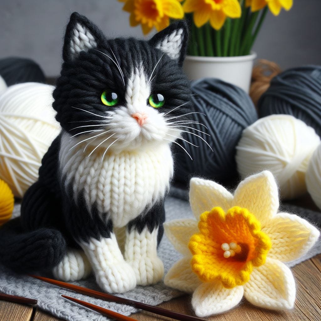 Luxury tuxedo cat greeting card featuring a wool-effect black and white cat with green eyes, surrounded by balls of yarn and a handcrafted spring daffodil, printed on premium 300gsm cardstock with a coordinating cream envelope.