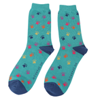 Mr Sparrow Men's Bamboo Cat Socks ‘Multi Paw Prints’ Teal