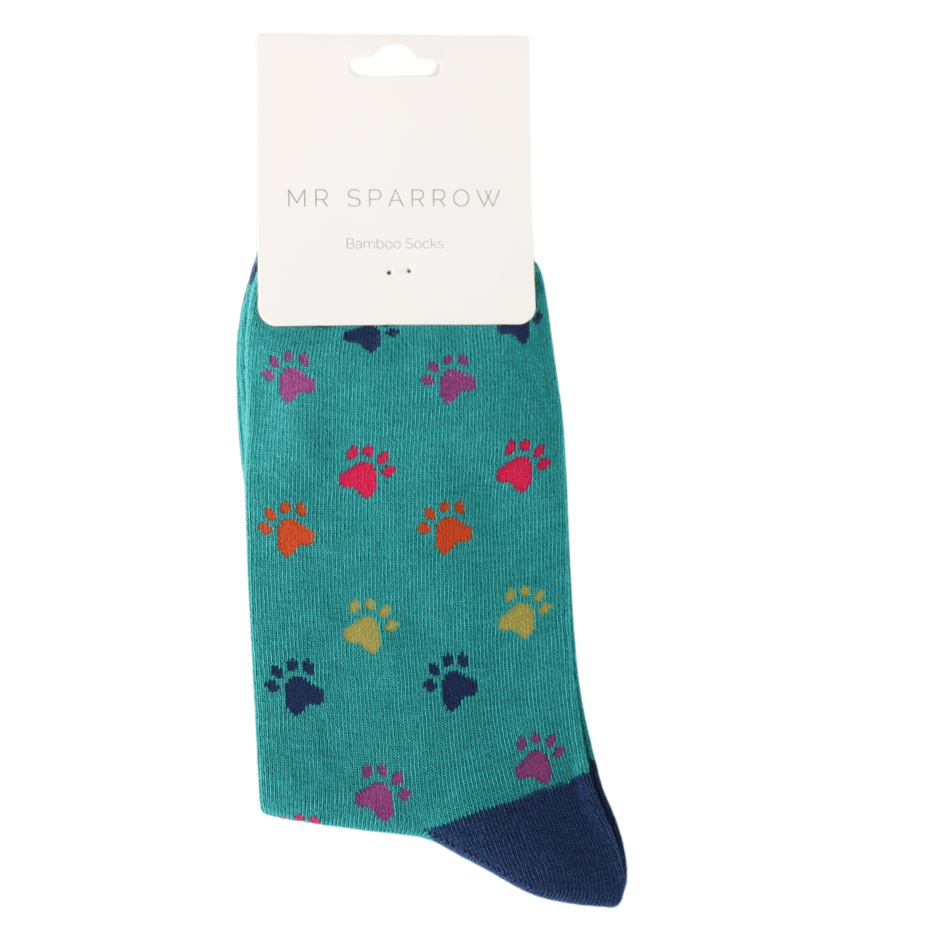 Mr Sparrow Men's Bamboo Cat Socks ‘Multi Paw Prints’ Teal