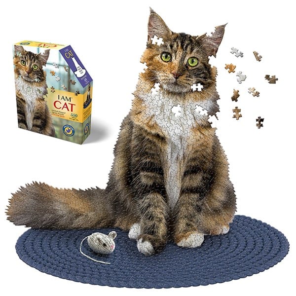 Madd Capp Tabby Cat 550 piece shaped jigsaw puzzle featuring a fluffy tabby cat with green eyes and toy mouse