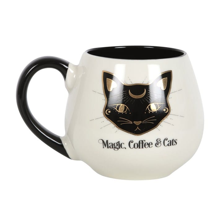 Magic, Coffee & Cats 500ml rounded ceramic mug with celestial black cat design and black handle.