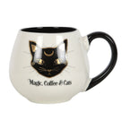 Side view of the Magic, Coffee & Cats rounded ceramic mug featuring mystical black cat artwork.